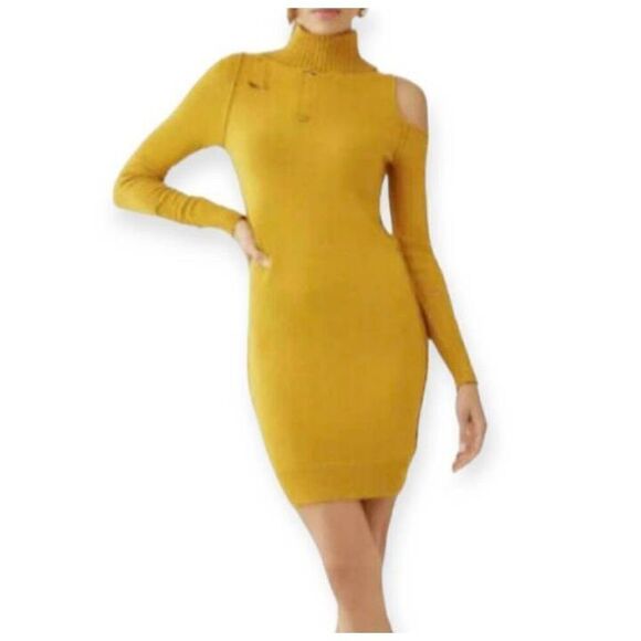Forever 21 Mustard Turtleneck Distressed Sweater Open Shoulder Dress Size m. EU - Picture 1 of 11